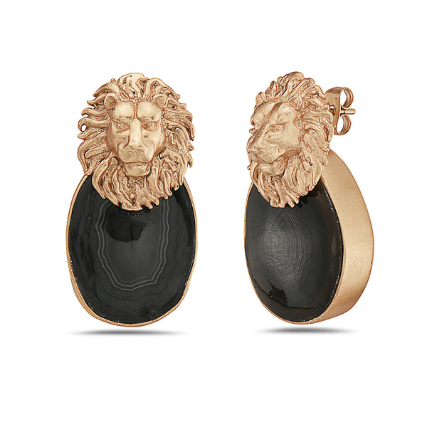Black Agate Lion Charm Earrings