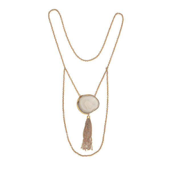 White Agate Tassel Necklace with Faux Diamonds
